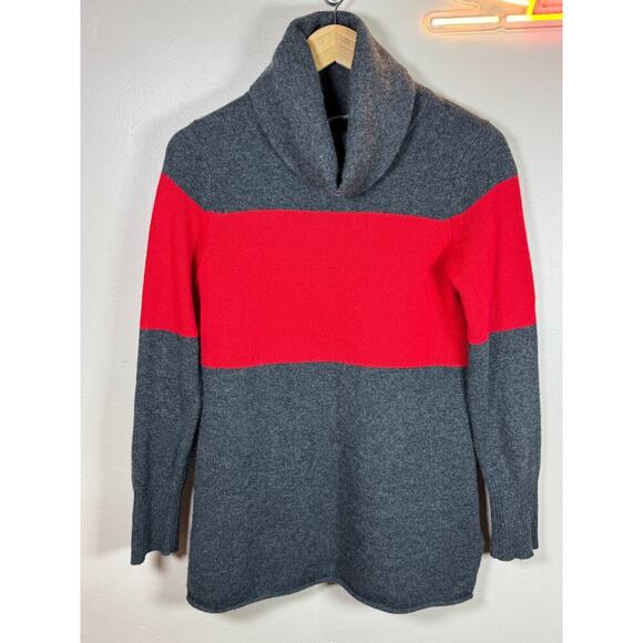 Athleta 100% Cashmere Tunic Red Gray Strip Sweater Cowl Turtleneck Sweater M - Picture 1 of 11
